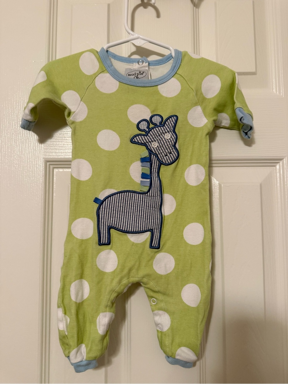 Mud Pie Green and White Polka Dot Giraffe Footie with Blue Trim